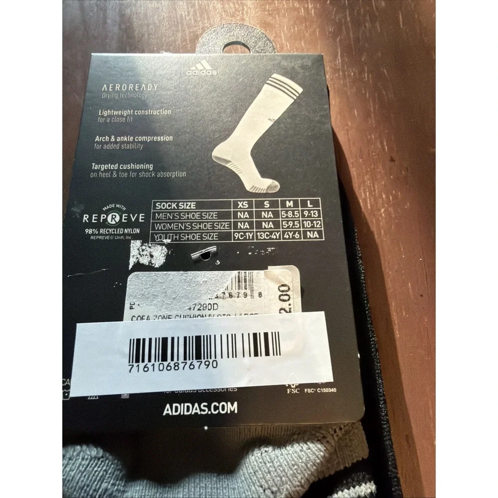 NEW Adidas Soccer Socks Unisex Large  Black/White/Grey Cushioned